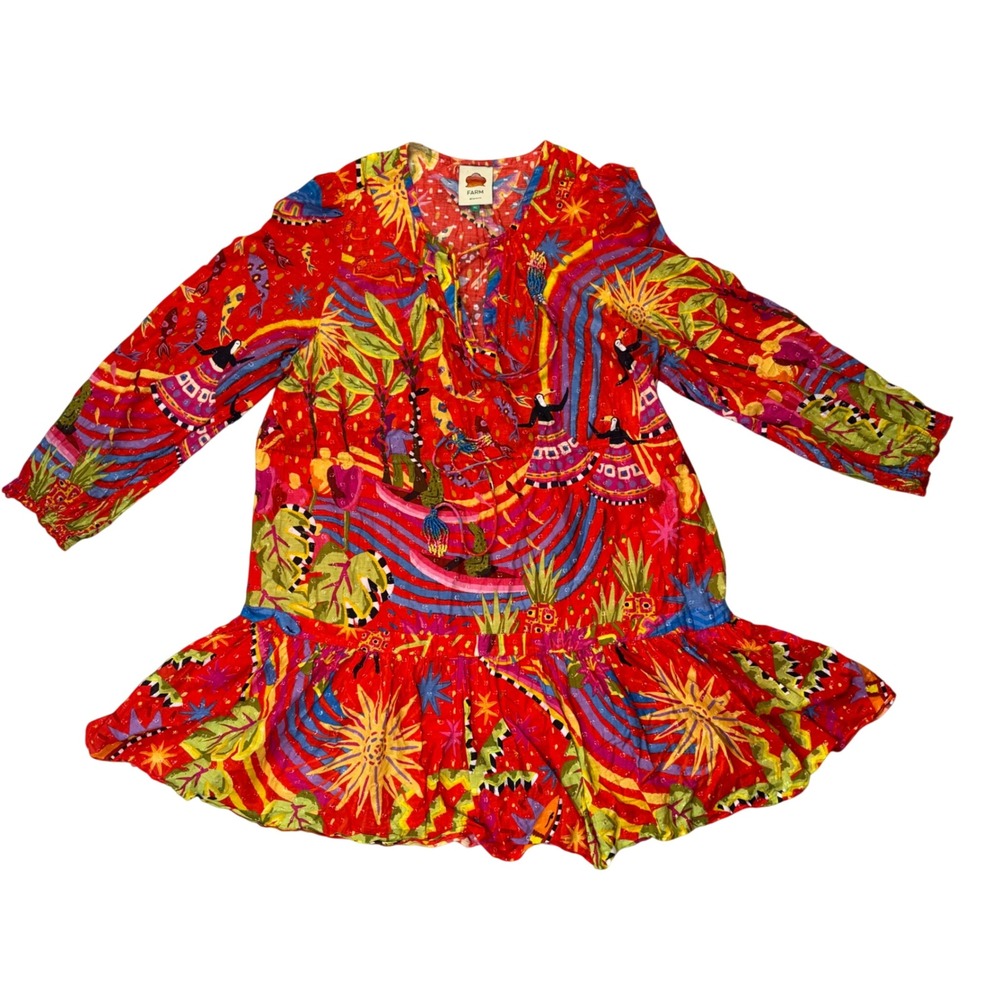 Farm Rio Red Toucan Pineapple Print Cotton Mini Dress XL Beaded Tassels Bright